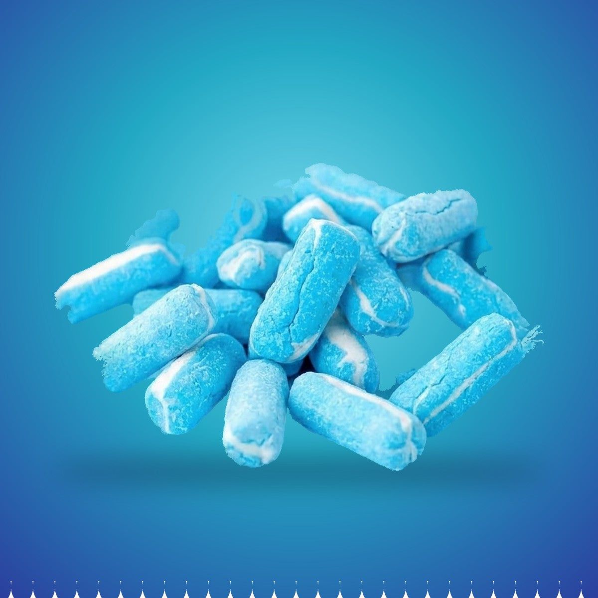 Gefriergetrocknete saure Crunchies in Blau mit weissen Enden