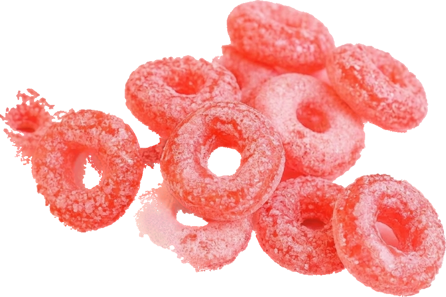 Gefriergetrocknete Erdbeer-Ringe, rosa mit Zuckerkruste